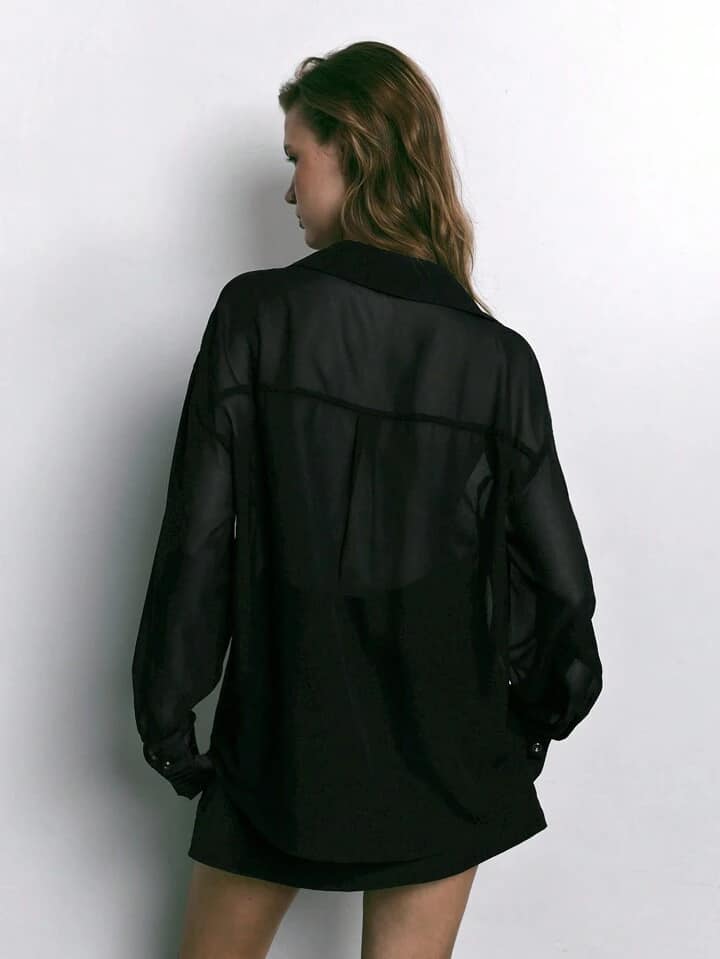 CM-TS260700 Women Elegant Seoul Style Button Drop Shoulder Long Sleeve Utility Pocket Mesh Shirt