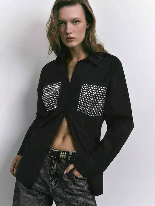 CM-TS152565 Women Casual Seoul Style Round Square Rhinestone Decor Long Sleeve Blouse