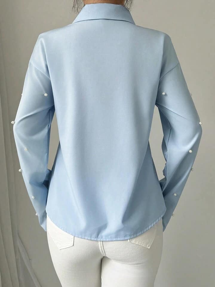 CM-TS694707 Women Elegant Seoul Style Tie Neck Pearl Embellished Long Sleeve Blouse - Blue