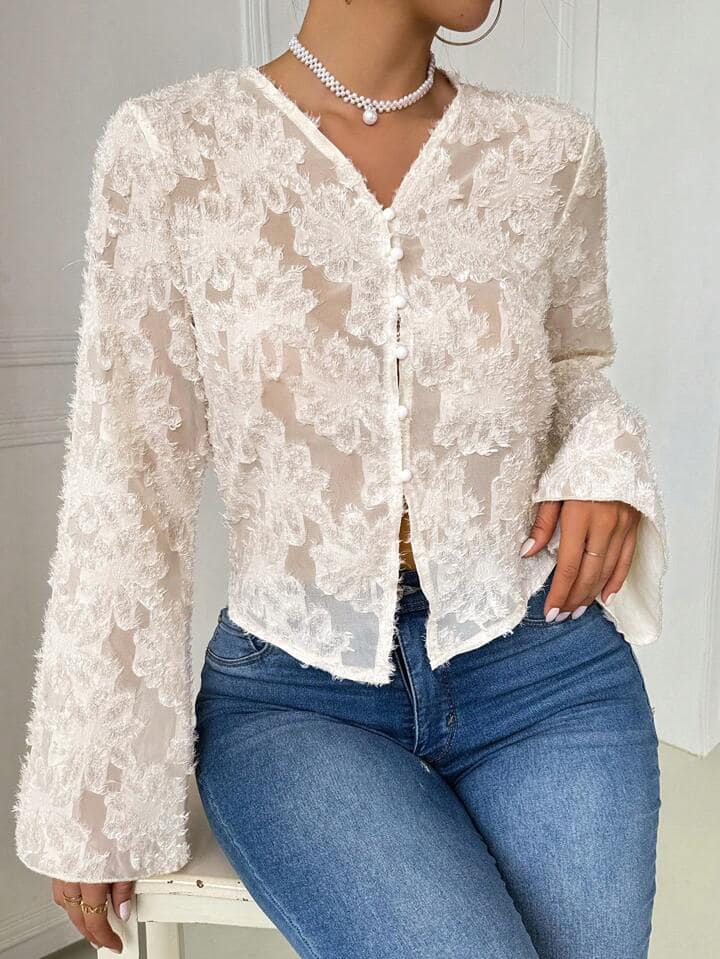 CM-TS393998 Women Casual Seoul Style Asymmetrical Hem Flare Sleeve Cut-Out Detail Shirt