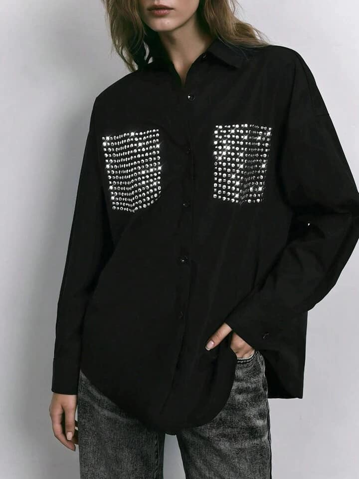 CM-TS152565 Women Casual Seoul Style Round Square Rhinestone Decor Long Sleeve Blouse