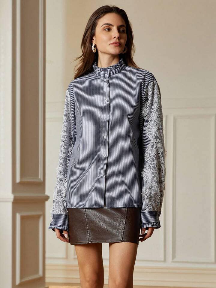 CM-TS118183 Women Casual Seoul Style Ruffle Collar Striped Lace Patchwork Long Sleeve Shirt