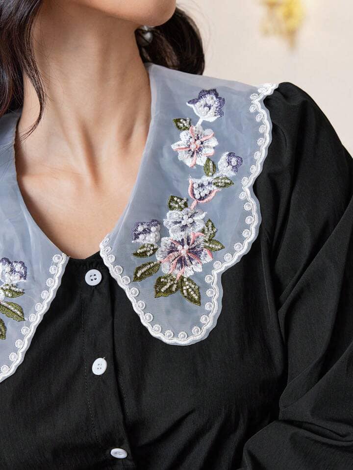 CM-TS200415 Women Casual Seoul Style Floral Embroidery Long Sleeve Button Front Blouse - Black