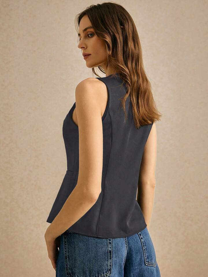 CM-TS526632 Women Casual Seoul Style Round Neck Single-Breasted Sleeveless Shirt - Dark Gray