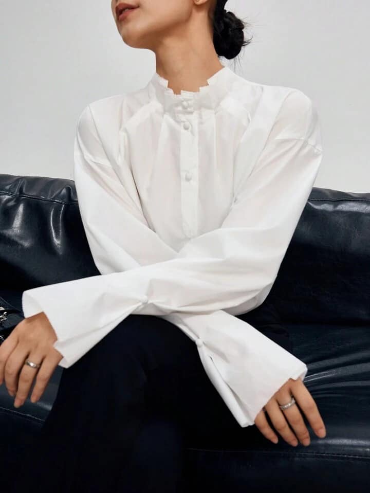 CM-TS271117 Women Casual Seoul Style Stand Collar Long Sleeve Button Up Shirt - White