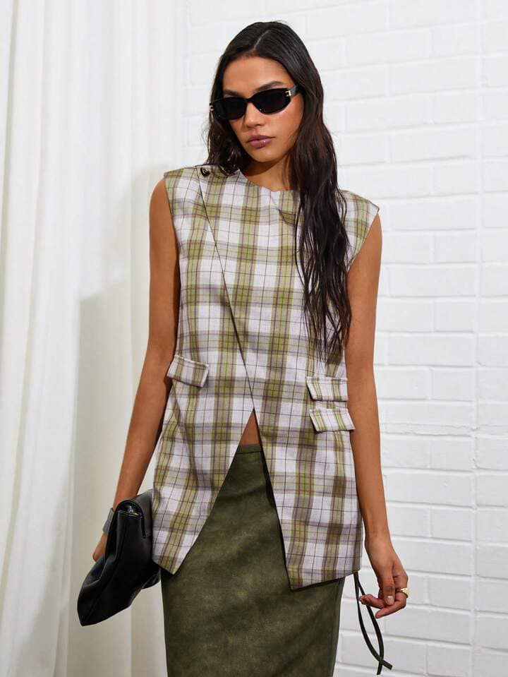 CM-TS266883 Women Casual Seoul Style Plaid Print Round Neck Sleeveless Split Hem Loose Blouse