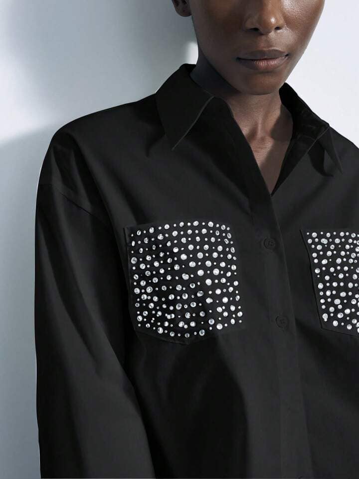 CM-TS337368 Women Casual Seoul Style Diamond Embellished Cut-Out Front Long Sleeve Shirt - Black