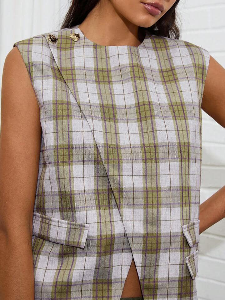 CM-TS266883 Women Casual Seoul Style Plaid Print Round Neck Sleeveless Split Hem Loose Blouse