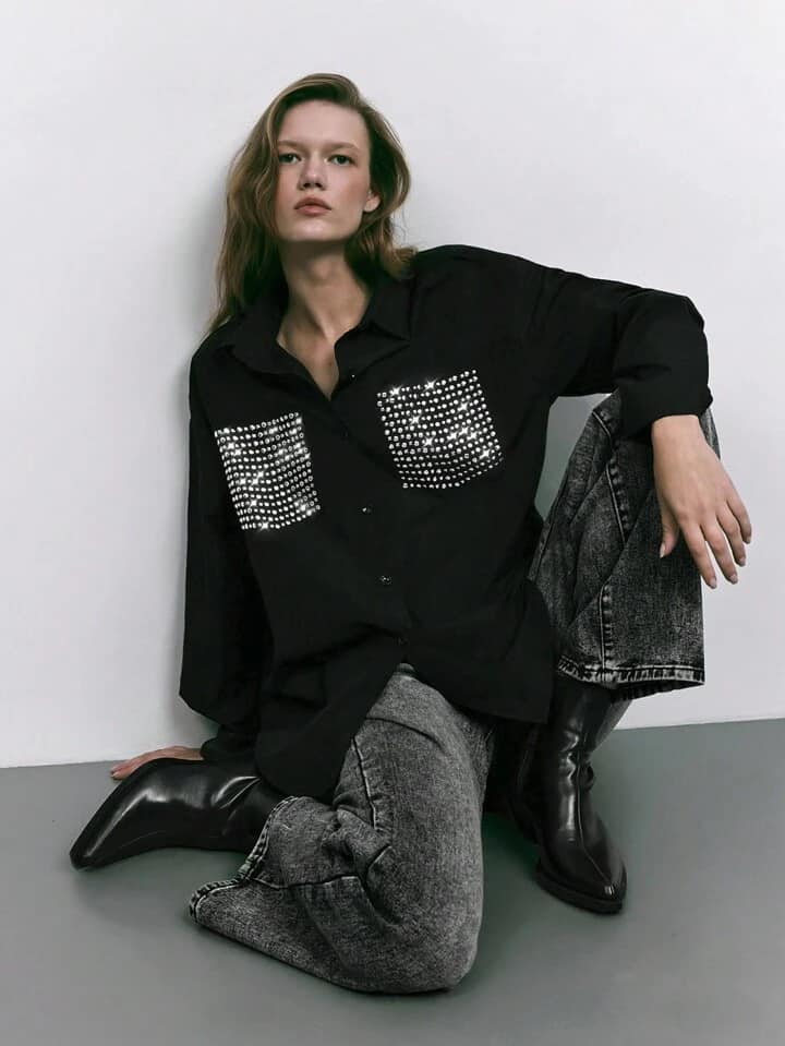 CM-TS152565 Women Casual Seoul Style Round Square Rhinestone Decor Long Sleeve Blouse