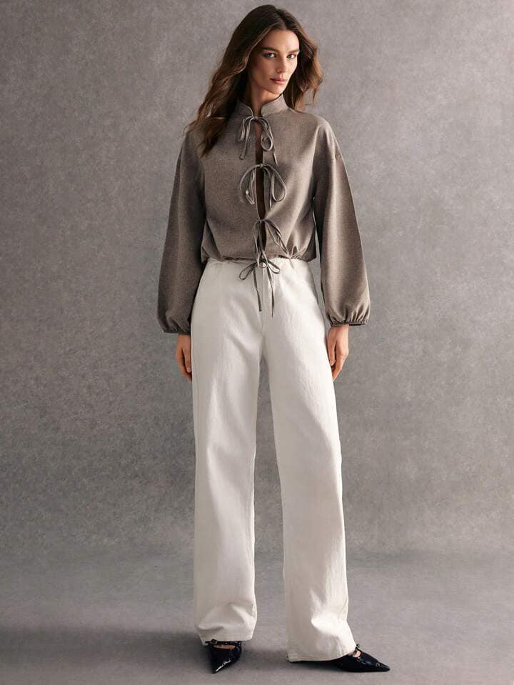 CM-TS599053 Women Casual Seoul Style Solid Color Stand Collar Tie-Up Lantern Sleeve Blouse