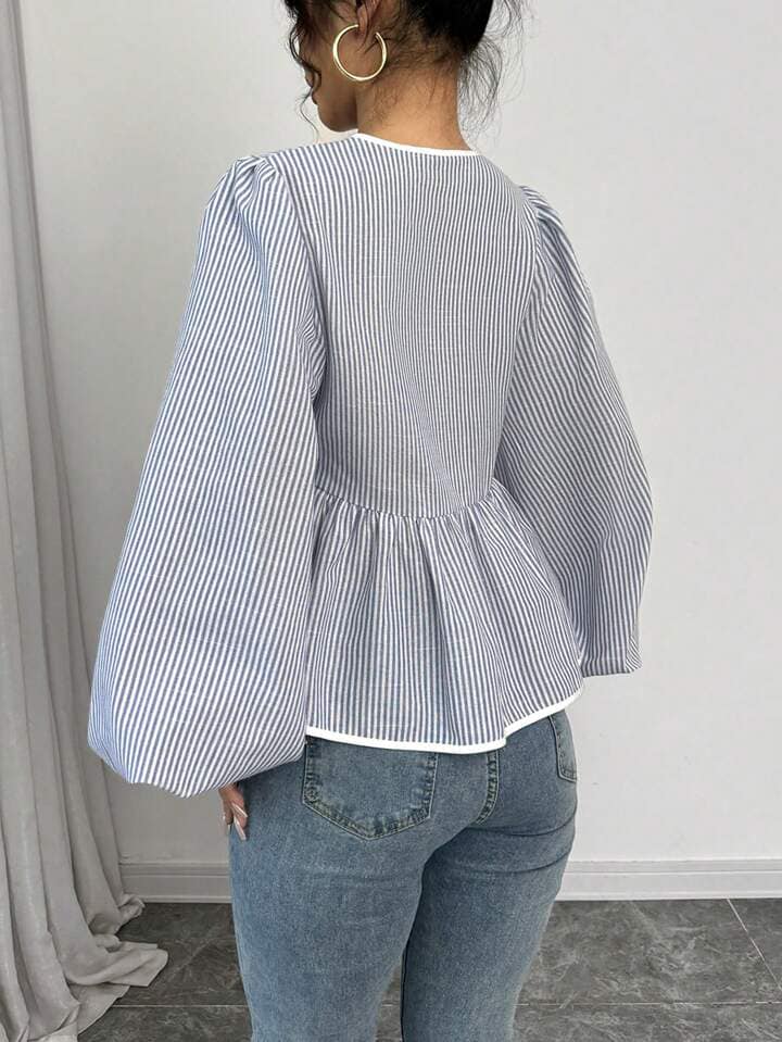 CM-TS132838 Women Casual Seoul Style Front Tie Long Sleeve Pleated Stripe Shirt - Blue