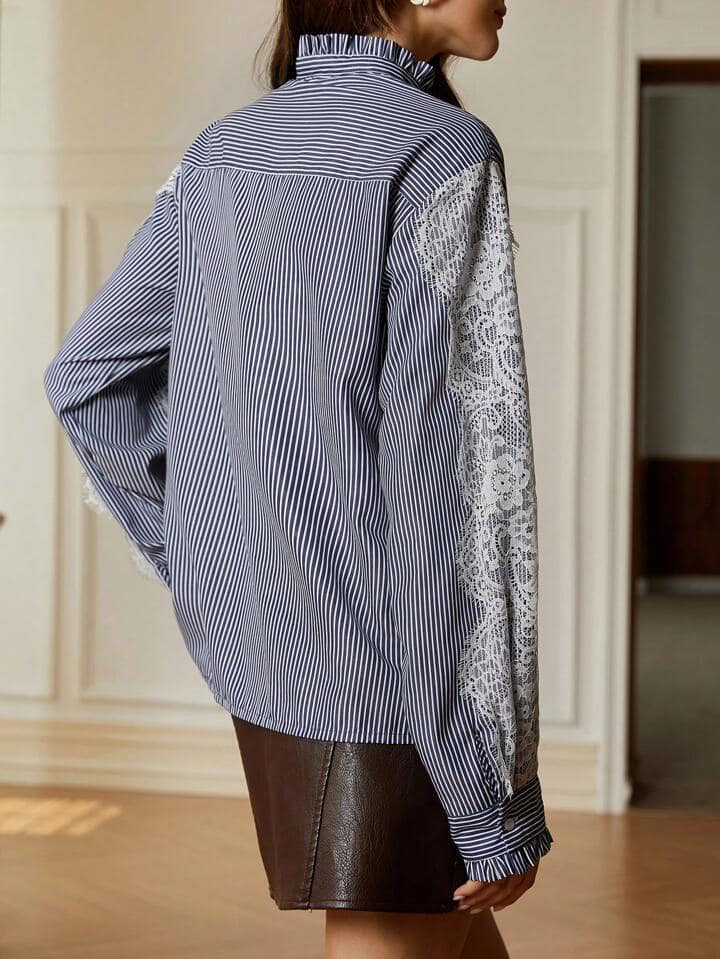 CM-TS118183 Women Casual Seoul Style Ruffle Collar Striped Lace Patchwork Long Sleeve Shirt