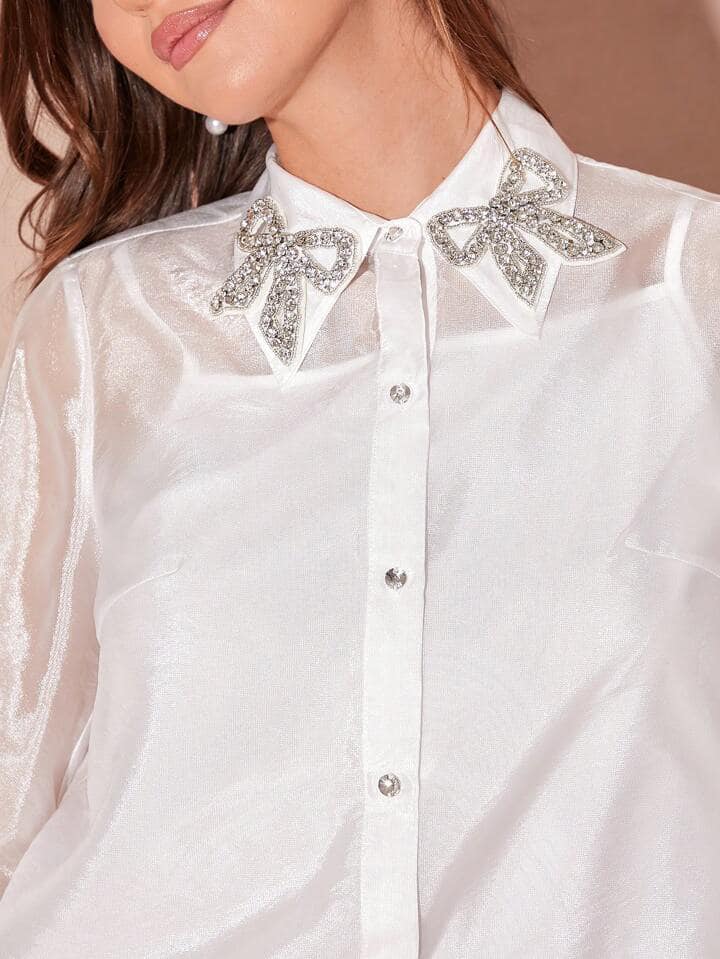 CM-TS005686 Women Elegant Seoul Style Sweetheart Exquisite Bowknot Rhinestone Long Sleeve Blouse