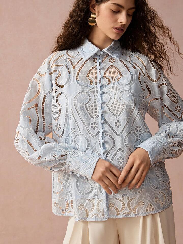 CM-TS100714 Women Elegant Seoul Style Hollow-Out Embroidered Raglan Sleeve Blouse - Blue