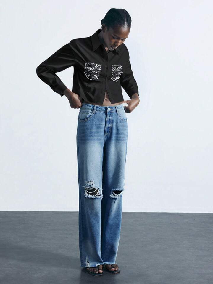 CM-TS337368 Women Casual Seoul Style Diamond Embellished Cut-Out Front Long Sleeve Shirt - Black