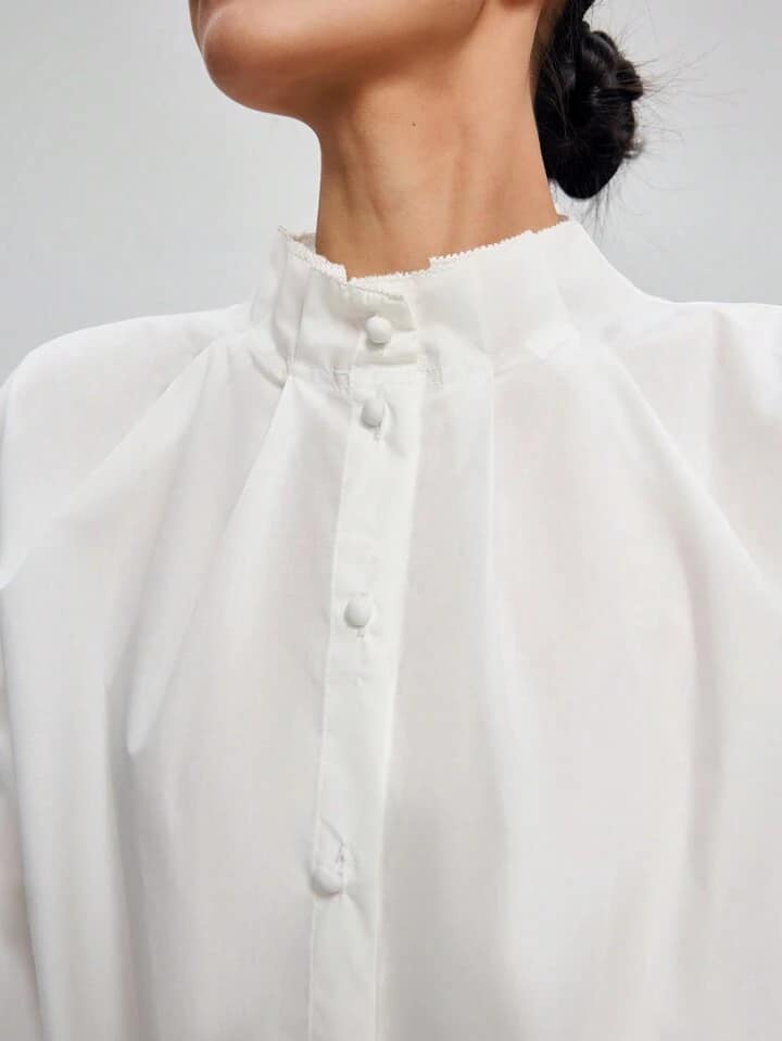 CM-TS271117 Women Casual Seoul Style Stand Collar Long Sleeve Button Up Shirt - White