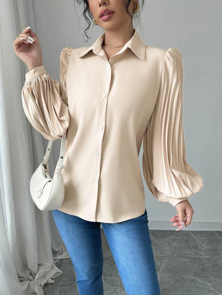 CM-TS388840 Women Casual Seoul Style Solid Color Front Button Long Sleeve Pleated Shirt - Khaki