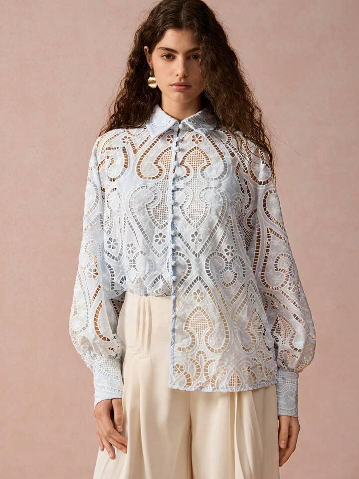 CM-TS100714 Women Elegant Seoul Style Hollow-Out Embroidered Raglan Sleeve Blouse - Blue