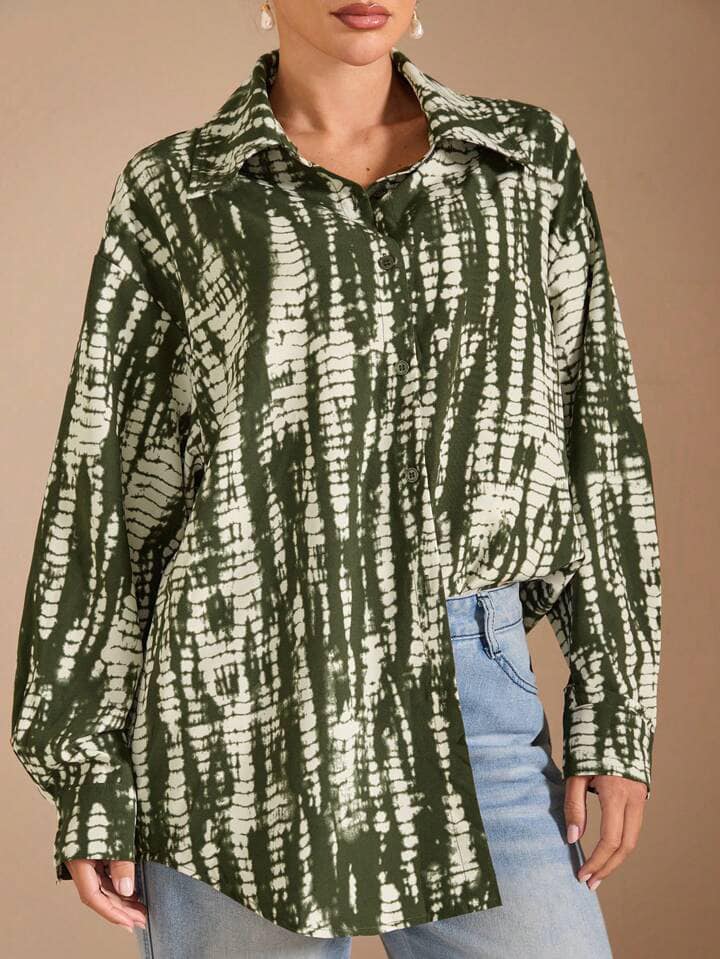 CM-TS240155 Women Casual Seoul Style Tie-Dye Pattern Collar Neckline Long Sleeve Loose Blouse