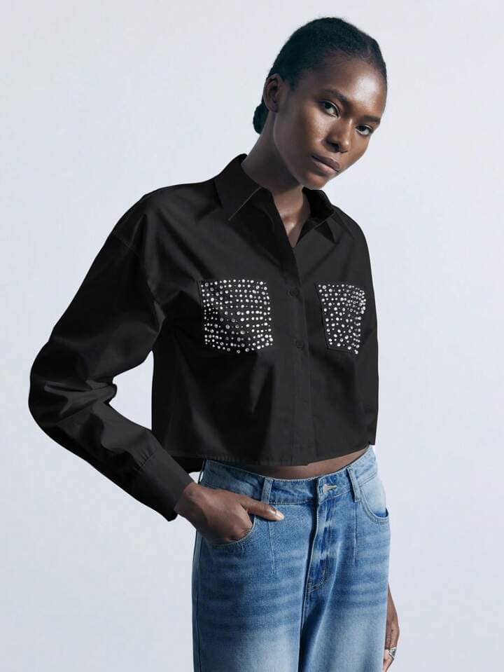 CM-TS337368 Women Casual Seoul Style Diamond Embellished Cut-Out Front Long Sleeve Shirt - Black