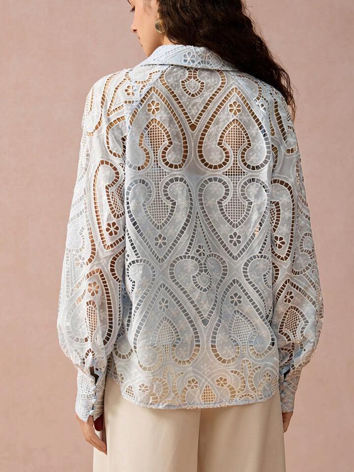 CM-TS100714 Women Elegant Seoul Style Hollow-Out Embroidered Raglan Sleeve Blouse - Blue