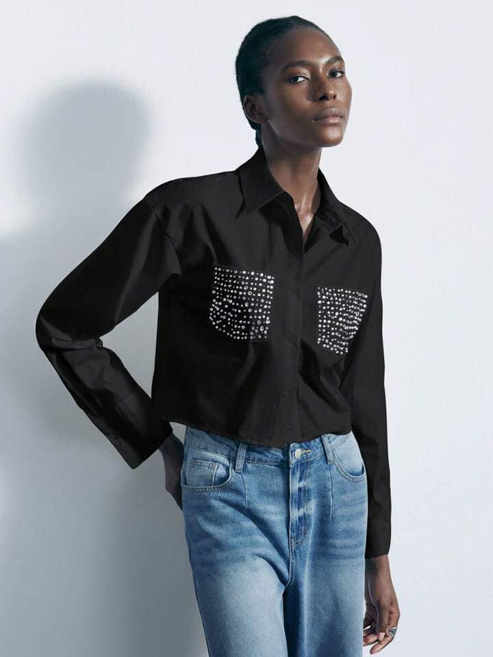 CM-TS337368 Women Casual Seoul Style Diamond Embellished Cut-Out Front Long Sleeve Shirt - Black
