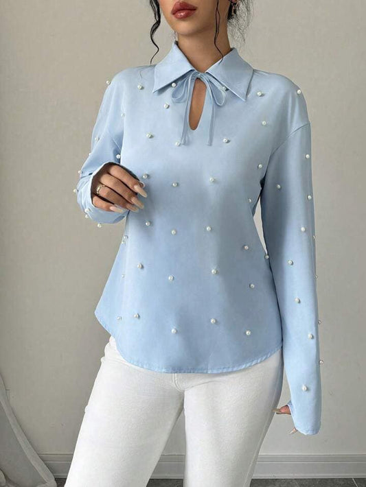 CM-TS694707 Women Elegant Seoul Style Tie Neck Pearl Embellished Long Sleeve Blouse - Blue