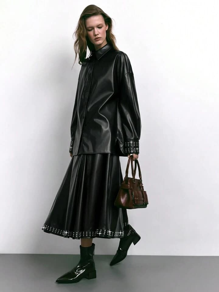 CM-TS366066 Women Elegant Seoul Style PU Leather Sleeve Pearl Decor Drop Shoulder Long Sleeve Shirt