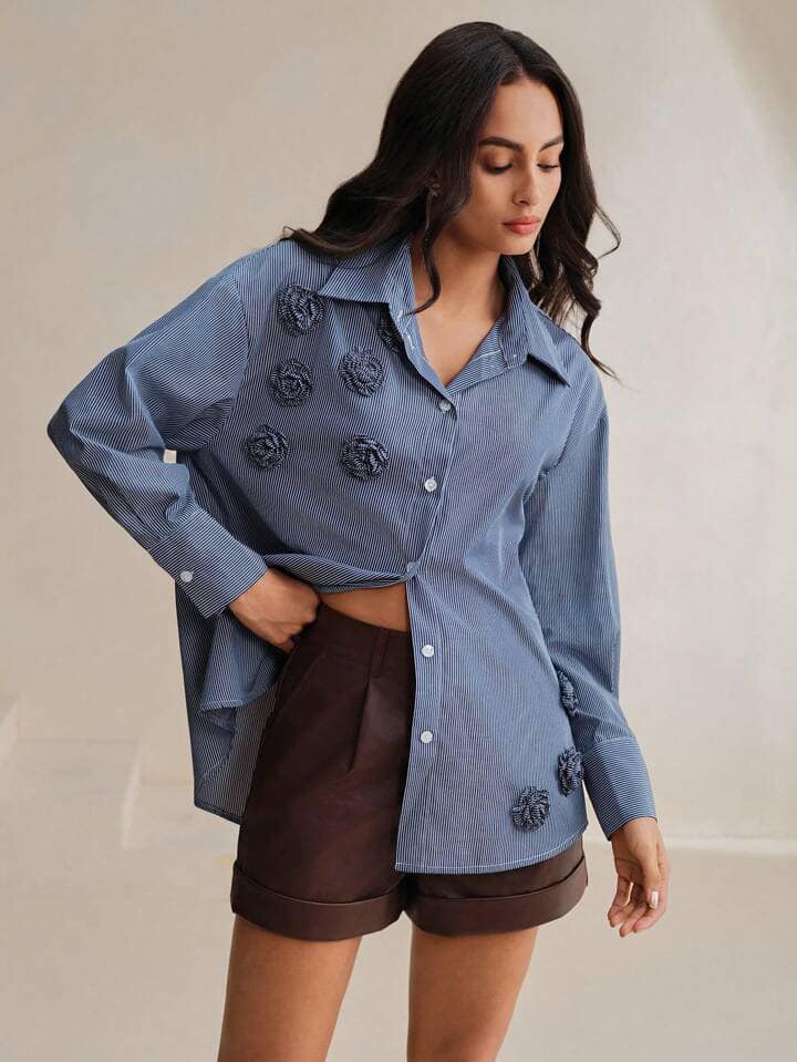 CM-TS202832 Women Elegant Seoul Style Stripe Print 3D Flower Decor Drop Shoulder Loose Blouse