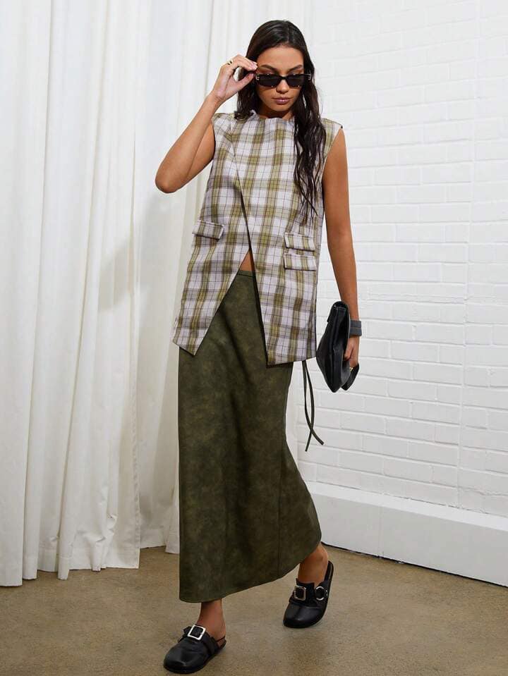 CM-TS266883 Women Casual Seoul Style Plaid Print Round Neck Sleeveless Split Hem Loose Blouse