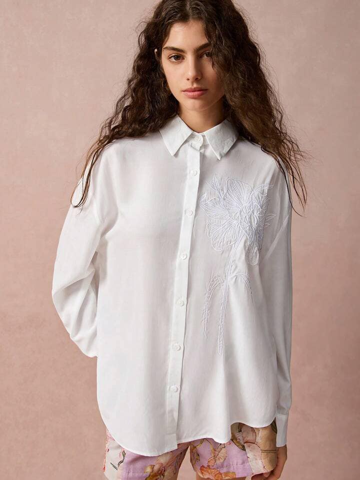 CM-TS222492 Women Casual Seoul Style Floral Jacquard Embroidery Loose Drop Shoulder Long Sleeve Shirt