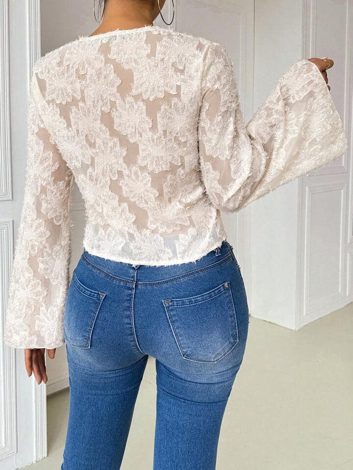 CM-TS393998 Women Casual Seoul Style Asymmetrical Hem Flare Sleeve Cut-Out Detail Shirt