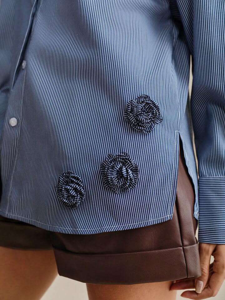 CM-TS202832 Women Elegant Seoul Style Stripe Print 3D Flower Decor Drop Shoulder Loose Blouse