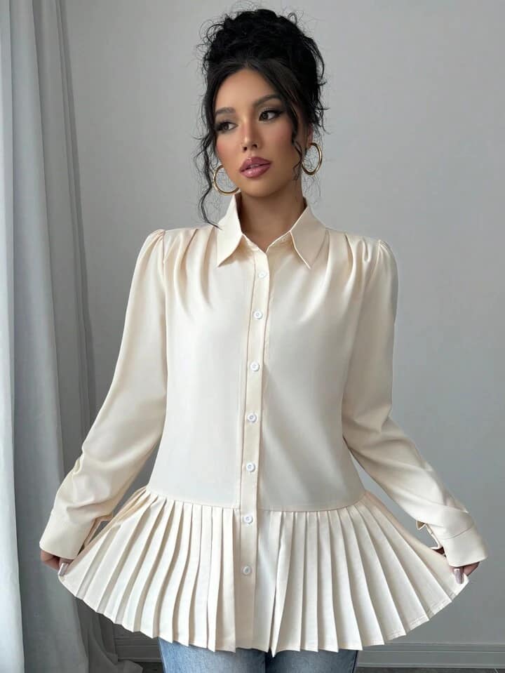CM-TS222880 Women Casual Seoul Style Solid Color Collar Pleated Hem Long Sleeve Blouse
