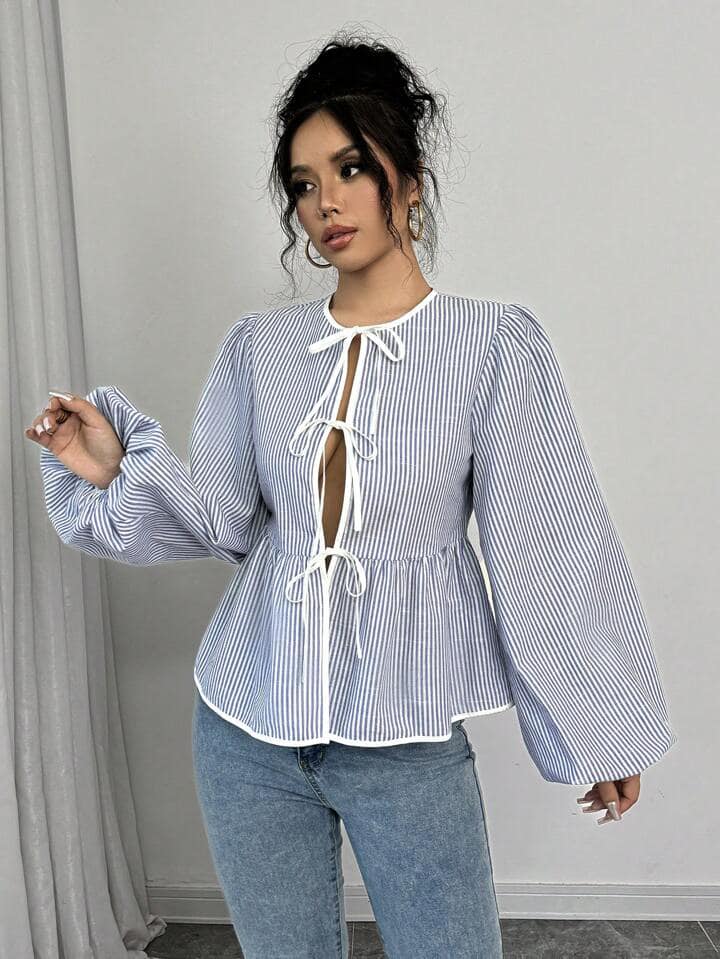 CM-TS132838 Women Casual Seoul Style Front Tie Long Sleeve Pleated Stripe Shirt - Blue