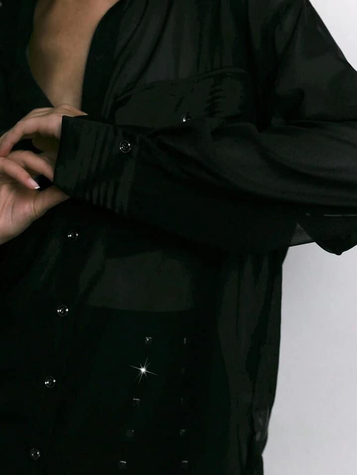 CM-TS260700 Women Elegant Seoul Style Button Drop Shoulder Long Sleeve Utility Pocket Mesh Shirt