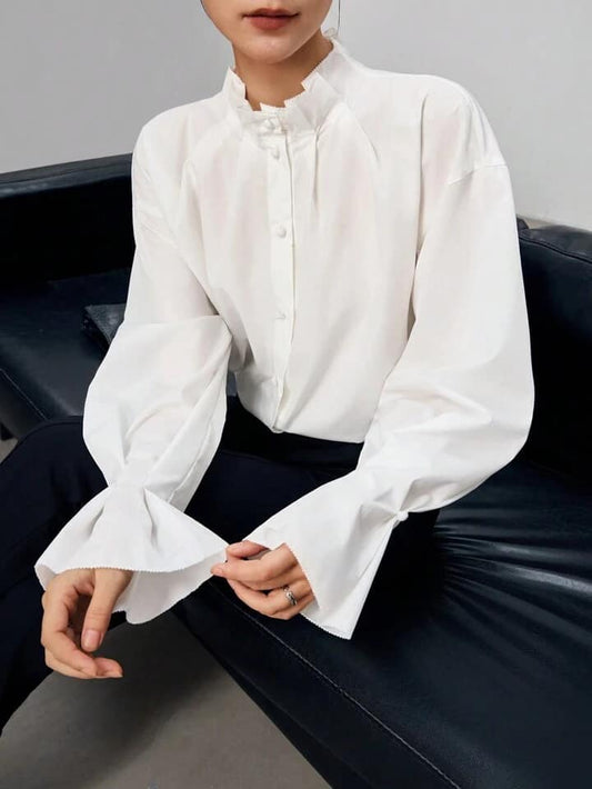CM-TS271117 Women Casual Seoul Style Stand Collar Long Sleeve Button Up Shirt - White