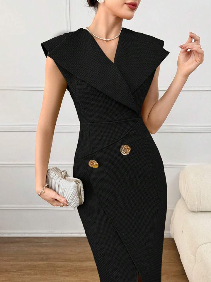 CM-DS480025 Women Elegant Seoul Style Solid Color V-Neck Cap Sleeve Slim Fit Long Dress - Black