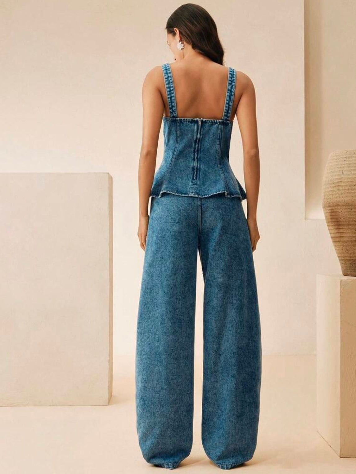 CM-SS900958 Women Elegant Seoul Style Pearl Beaded Ruffle Denim Camisole Top With High-Waisted Curved Jeans - Set