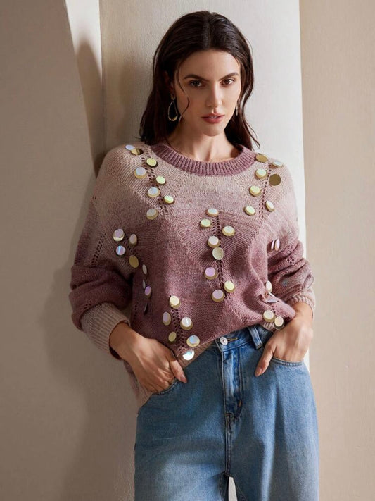 CM-CS835230 Women Casual Seoul Style Sequin Random Floral Pattern Pullover Sweater