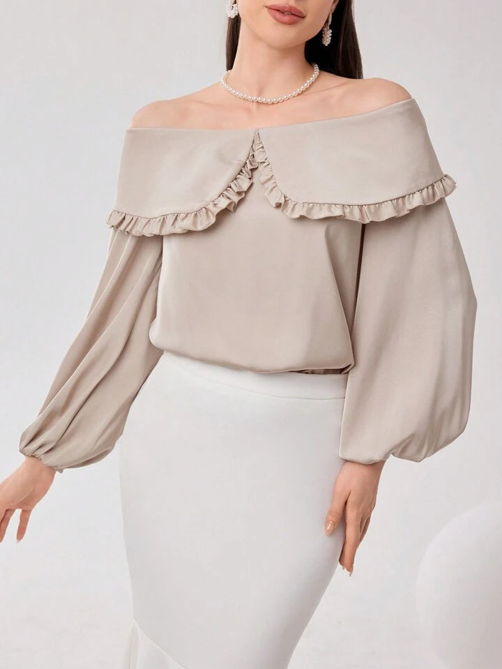 CM-TS399262 Women Elegant Seoul Style Off the Shoulder Long Sleeve Blouse - Apricot