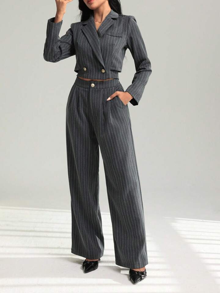 CM-SS215465 Women Elegant Seoul Style Striped Tie-Back Short Jacket With Wide-Leg Pants - Set