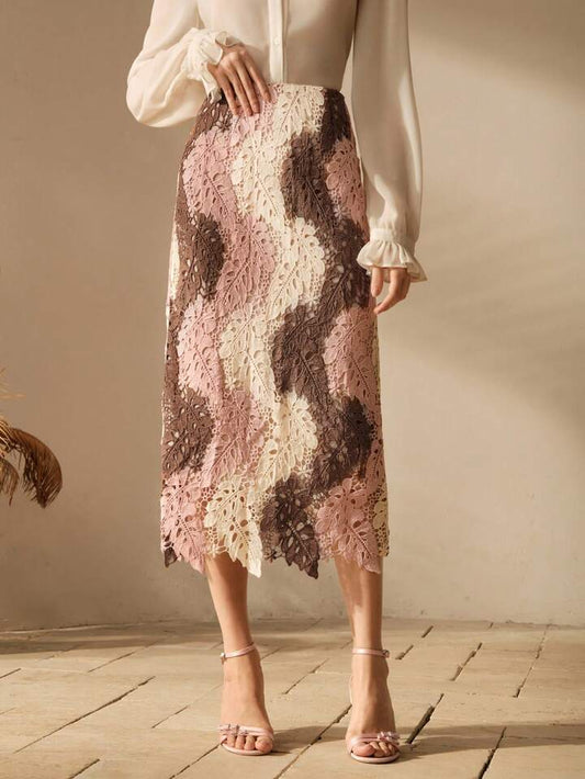 CM-BS058071 Women Elegant Seoul Style Contrast Color Hollow Embroidered Asymmetrical Skirt