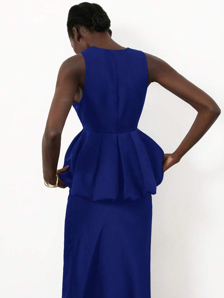 CM-TS892999 Women Elegant Seoul Style Deep V-NeckSleeveless Ruffle Hem Design Blouse - Royal Blue