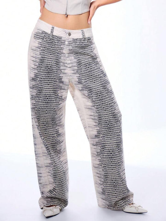 CM-BS342144 Women Casual Seoul Style All Over Print Straight Leg Low Rise Trousers