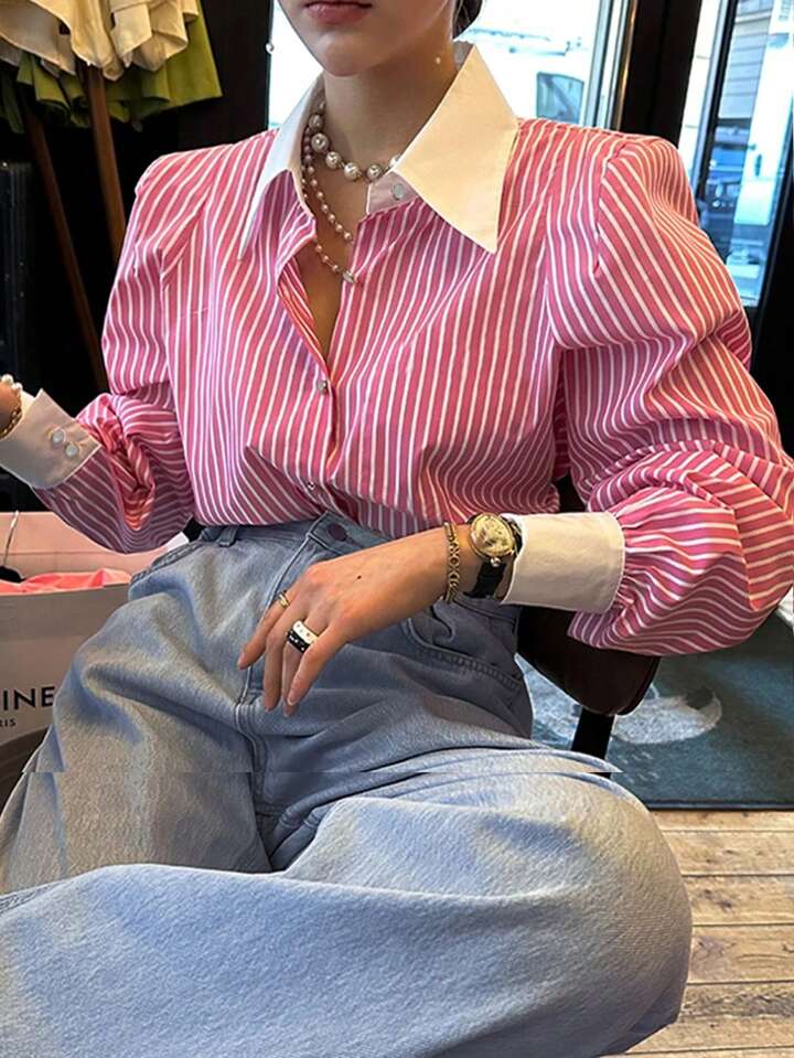 CM-TS668860 Women Casual Seoul Style Striped Button-Up Shirt Collar Long Sleeve Blouse - Pink
