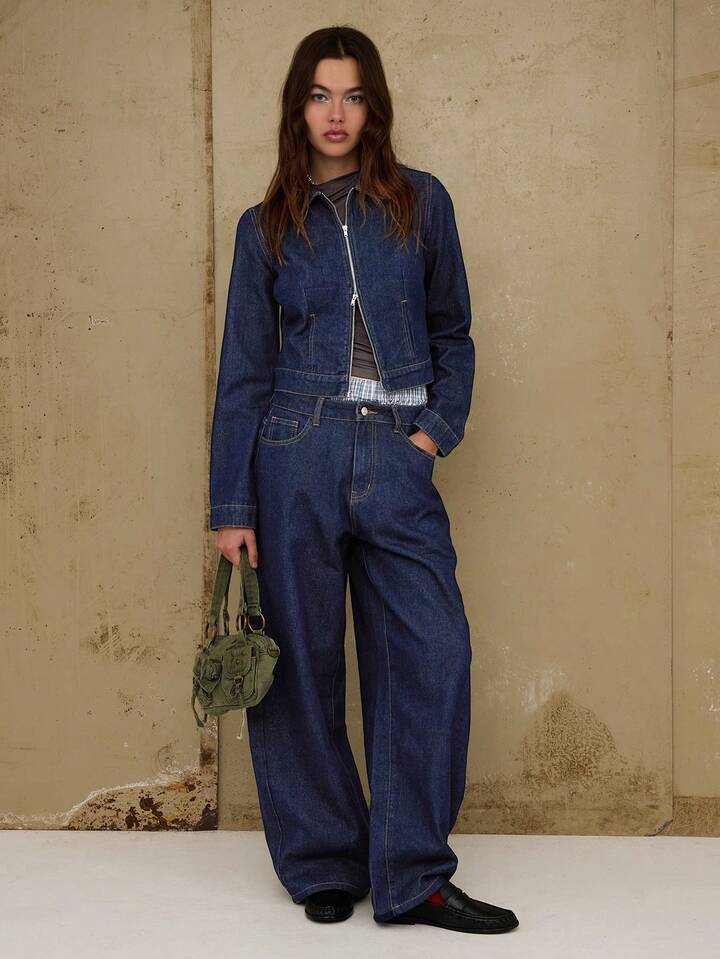 CM-CS494036 Women Casual Seoul Style Dark Wash Zip Front Fitted Crop Denim Jacket
