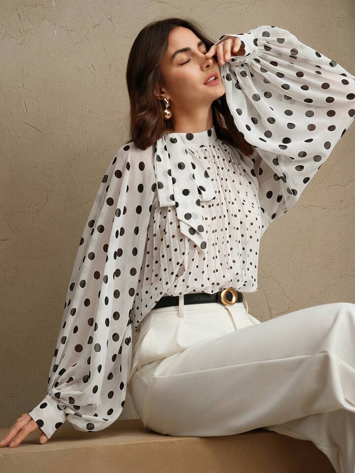 CM-TS733415 Women Elegant Seoul Style Stand Collar Polka Dot Print Pleated Tied Long Sleeve Blouse
