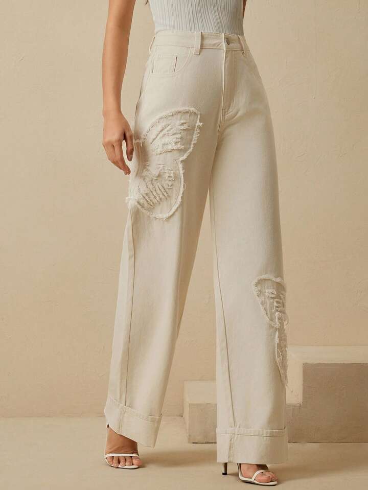 CM-BS822212 Women Casual Seoul Style Mid Waist Embroidered Straight Leg Jeans - Apricot