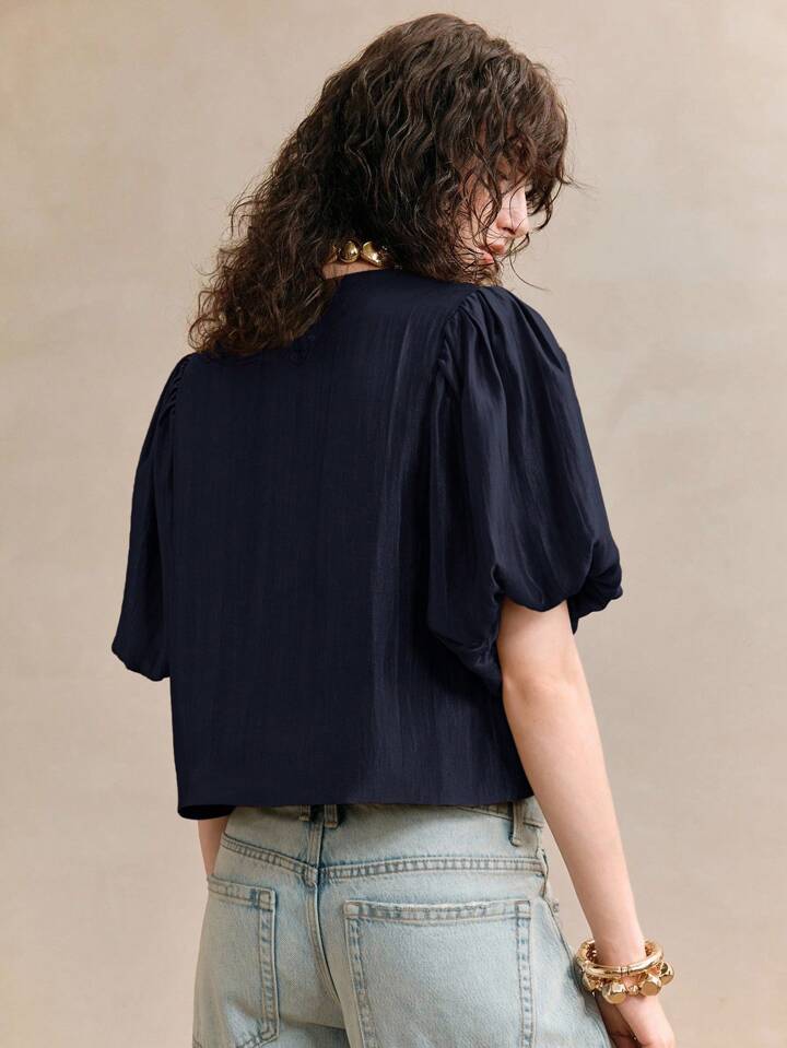 CM-TS037439 Women Elegant Seoul Style Satin Round Neck Puff Sleeve Golden Metal Button Decor Blouse - Navy Blue